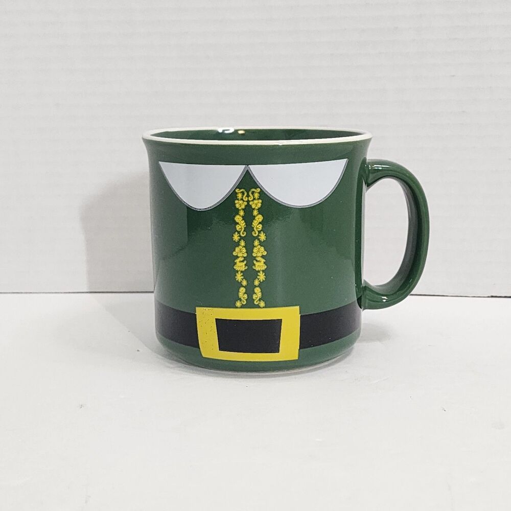 Elf Buddy Ceramic Camper Mug Two Sided Green Yellow White Black Holds 20 Ounces